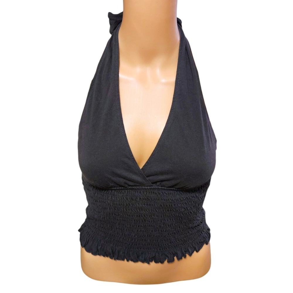 American Eagle Y2K Halter Top XS Black Smocked Ruffle Stretch Crop Cami Tie Neck - Picture 2 of 11